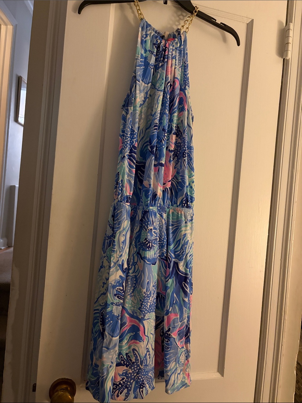 Blue & Pink Halter Dress with Gold Chain Straps has shorts under